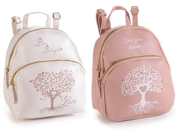 Faux leather backpack with Tree of life print